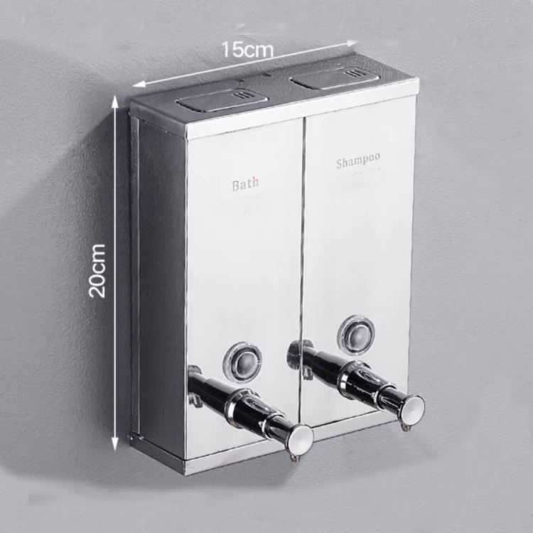 Hotel wall mount press stainless steel double hotel soap and shampoo dispenser