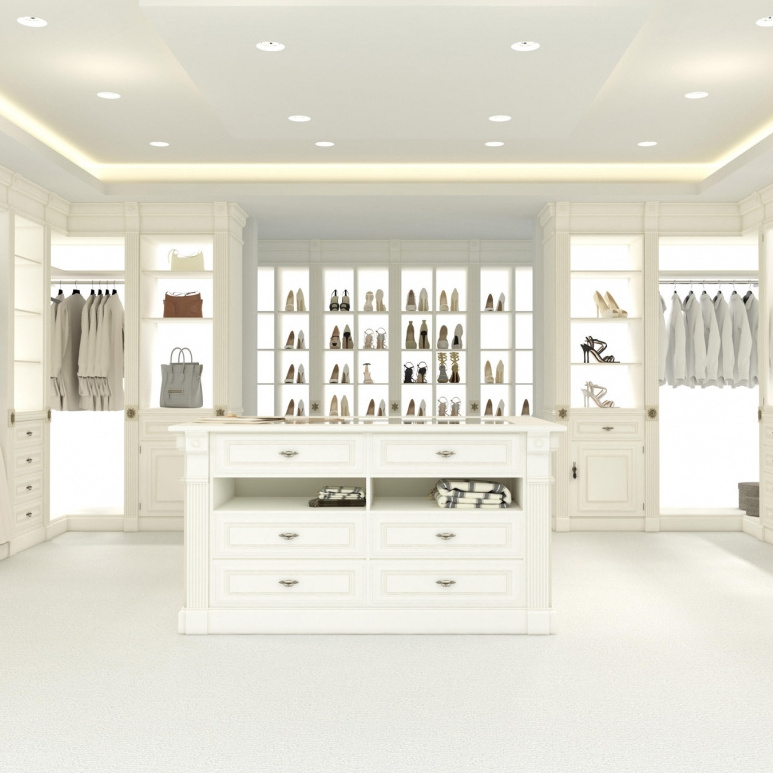 Solid wood full white bedroom walk in closet with drawer island and rotating shoes rack supplier