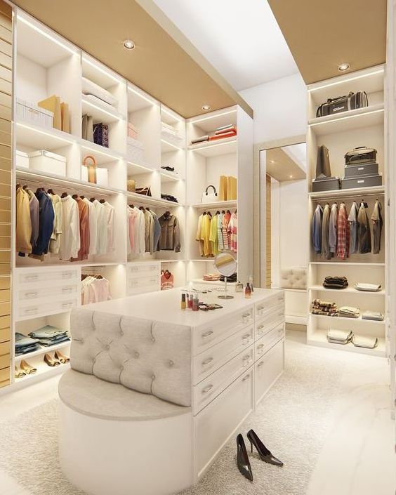 Solid wood full white bedroom walk in closet with drawer island and rotating shoes rack supplier