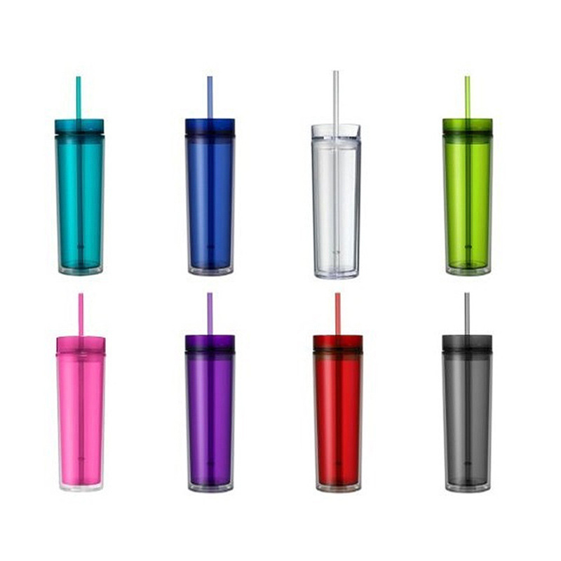 New Design Wholesale Colorful Clear Straight Double Wall Plastic Tumbler With Lid And Straw In Box