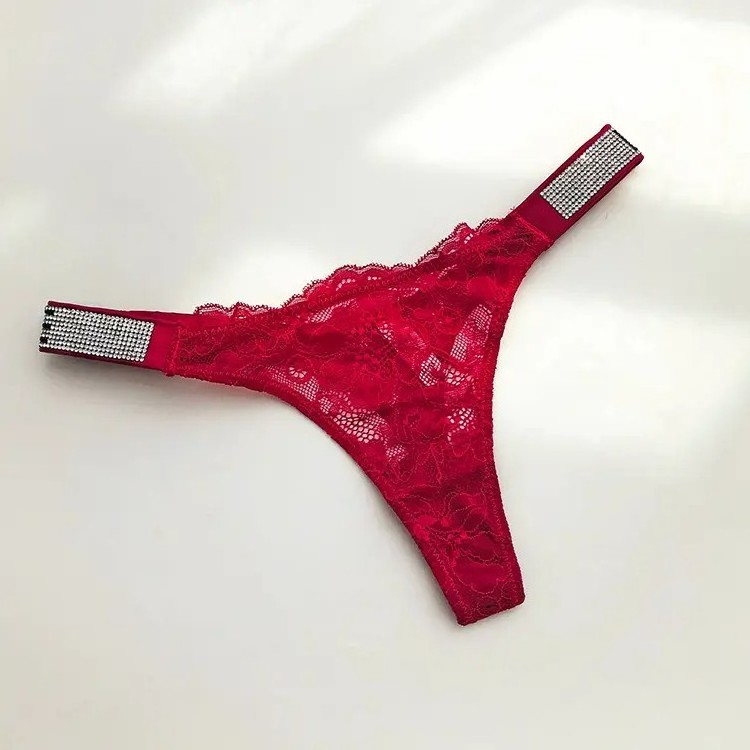 2024 New Sexy Women Rhinestone Letter Thongs Ladies Lace Transparent Low Rise Soft Lace Panties