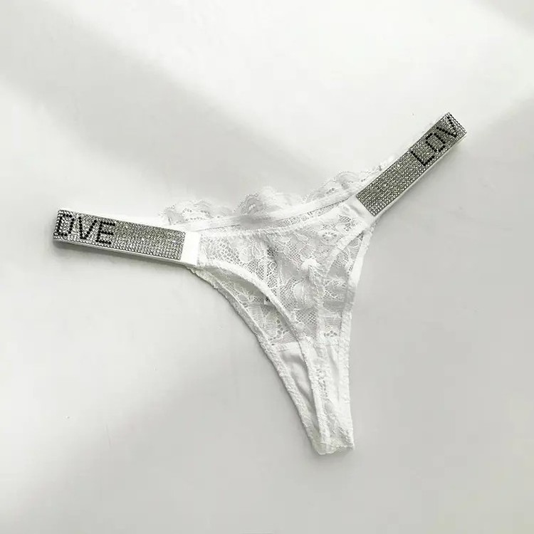 2024 New Sexy Women Rhinestone Letter Thongs Ladies Lace Transparent Low Rise Soft Lace Panties