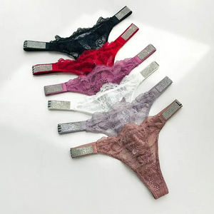 2024 New Sexy Women Rhinestone Letter Thongs Ladies Lace Transparent Low Rise Soft Lace Panties