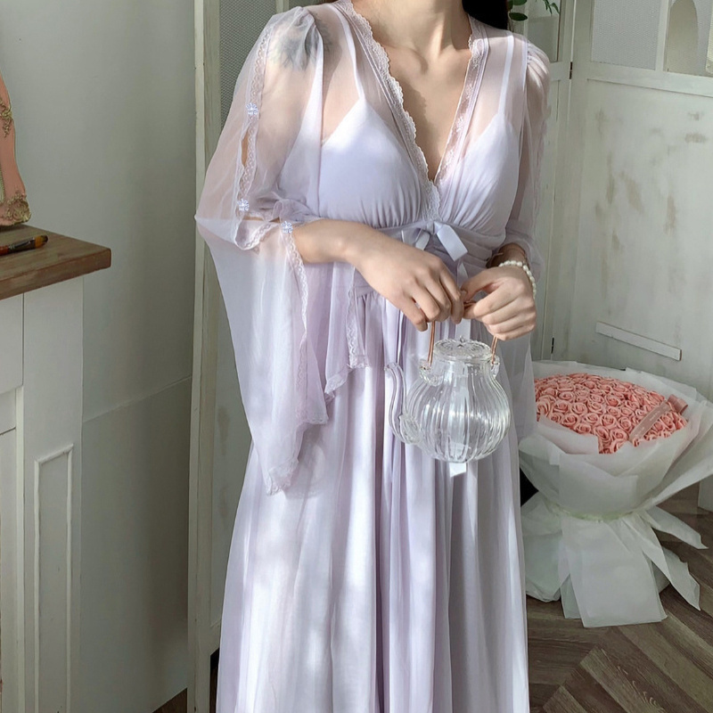 mesh nightdress solid high quality princess wind set robe de soiree luxury pijamas woman pijama bridesmaid robes women pajamas