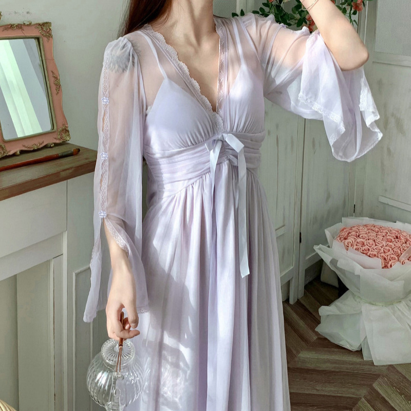 mesh nightdress solid high quality princess wind set robe de soiree luxury pijamas woman pijama bridesmaid robes women pajamas