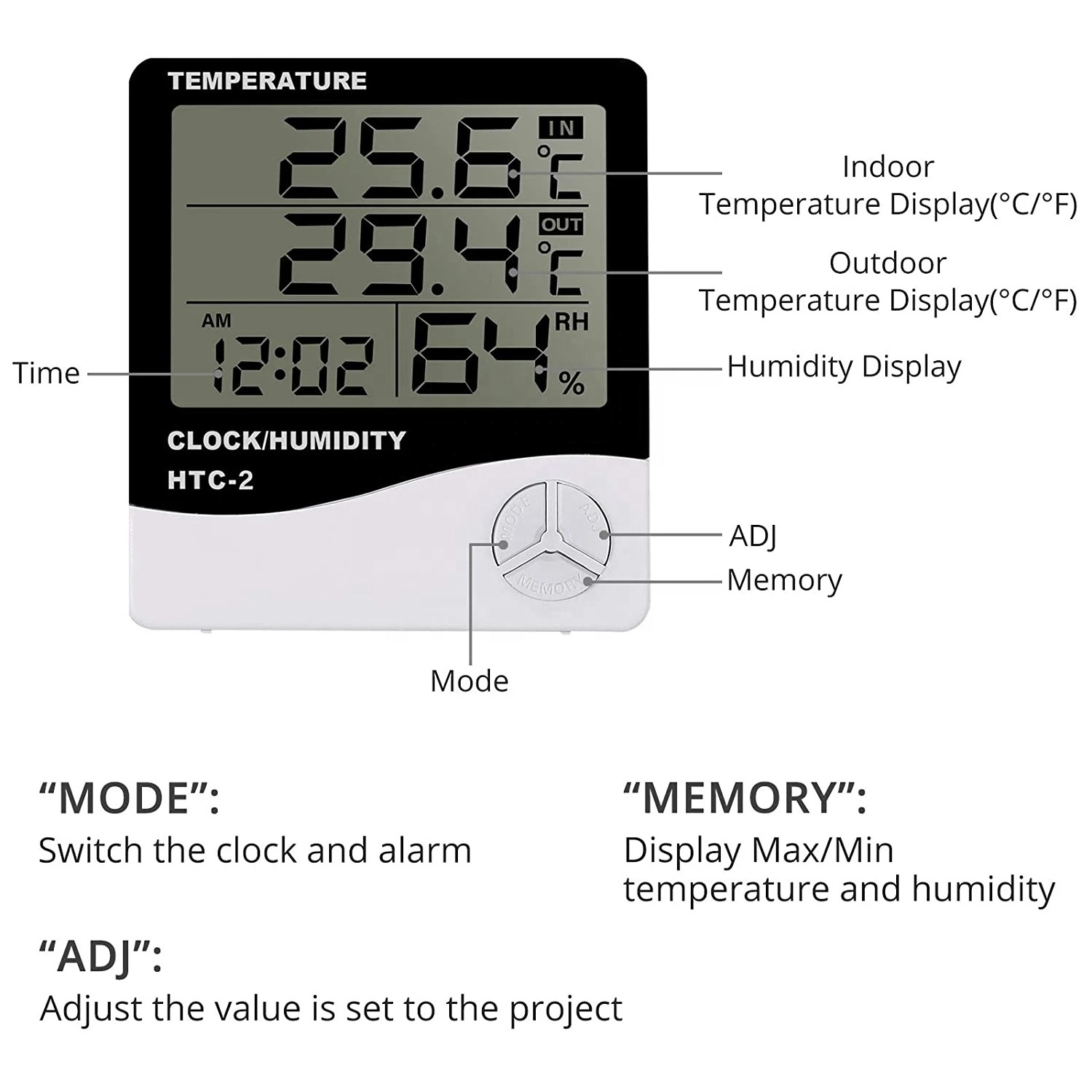 LCD Electronic Digital Temperature Humidity Meter Thermometer Hygrometer Indoor Outdoor Weather Station Clock HTC-1 HTC-2