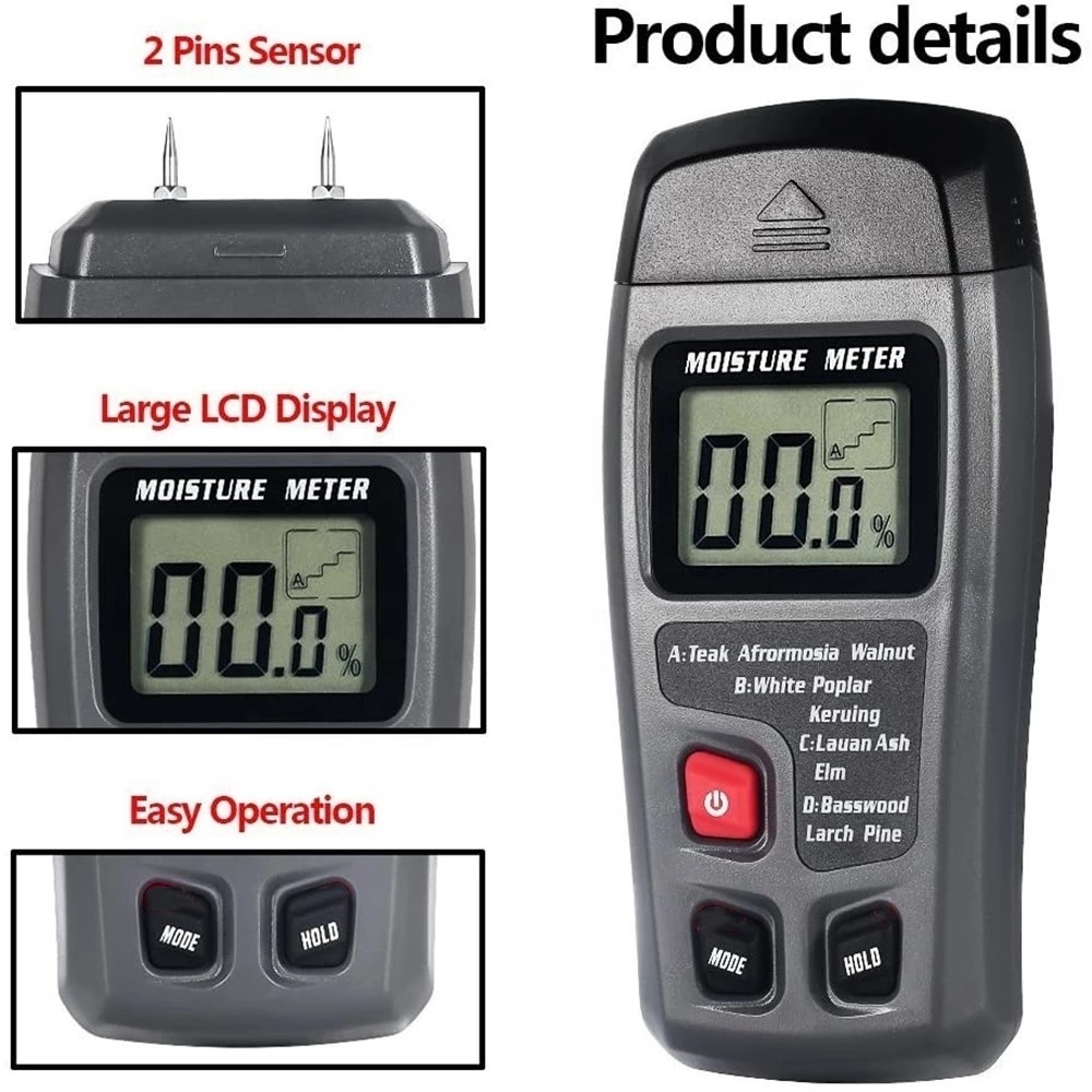 MT10   0-99.9% Two Pins Digital Wood Moisture Meter Wood Humidity Tester Hygrometer Timber Damp Detector Large LCD Display