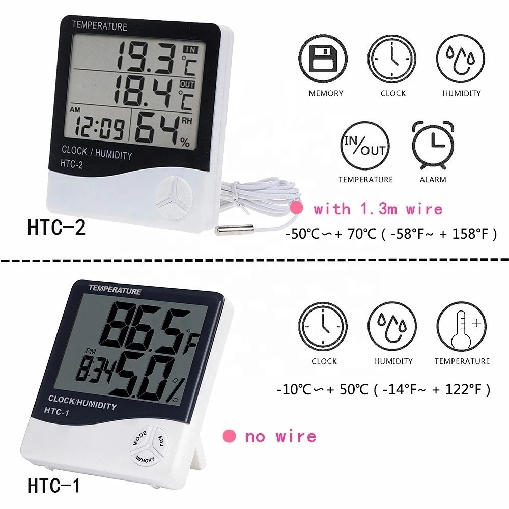 LCD Electronic Digital Temperature Humidity Meter Thermometer Hygrometer Indoor Outdoor Weather Station Clock HTC-1 HTC-2