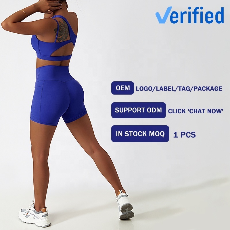 Wholesale Outdoor Sportswear Fitness Women Yoga Set Oblique Strap Bra High Waist Tight Workout Yoga Shorts Set