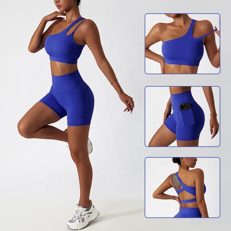 Wholesale Outdoor Sportswear Fitness Women Yoga Set Oblique Strap Bra High Waist Tight Workout Yoga Shorts Set