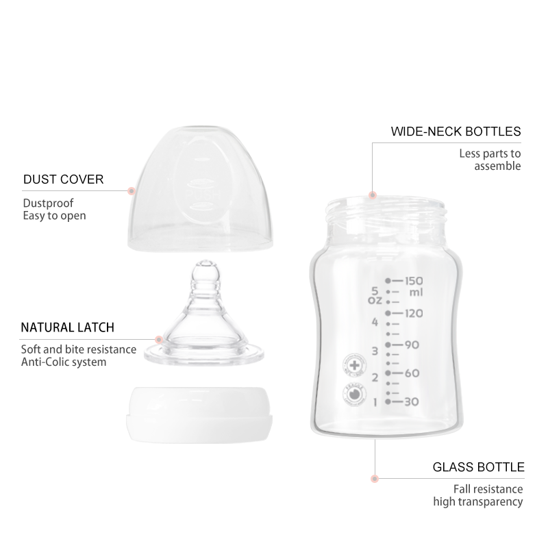 OEM sevice factory price Baby Feeding Bottle 150ml Borosilicate Glass Food grade Silicone breast milk bottle