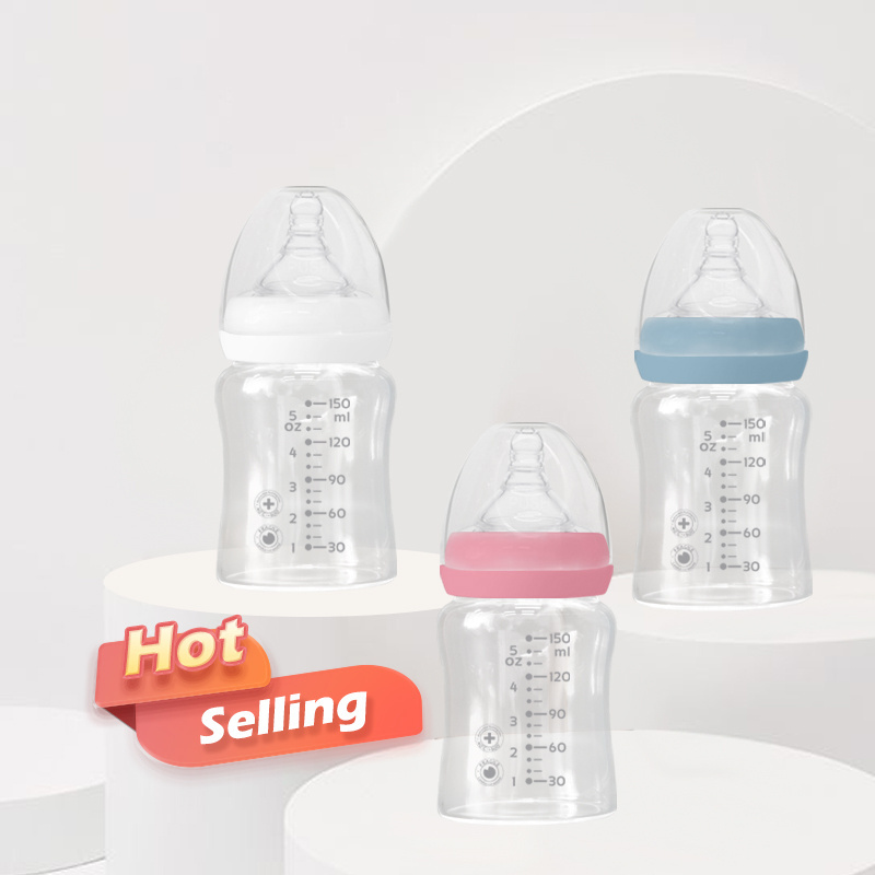 OEM sevice factory price Baby Feeding Bottle 150ml Borosilicate Glass Food grade Silicone breast milk bottle