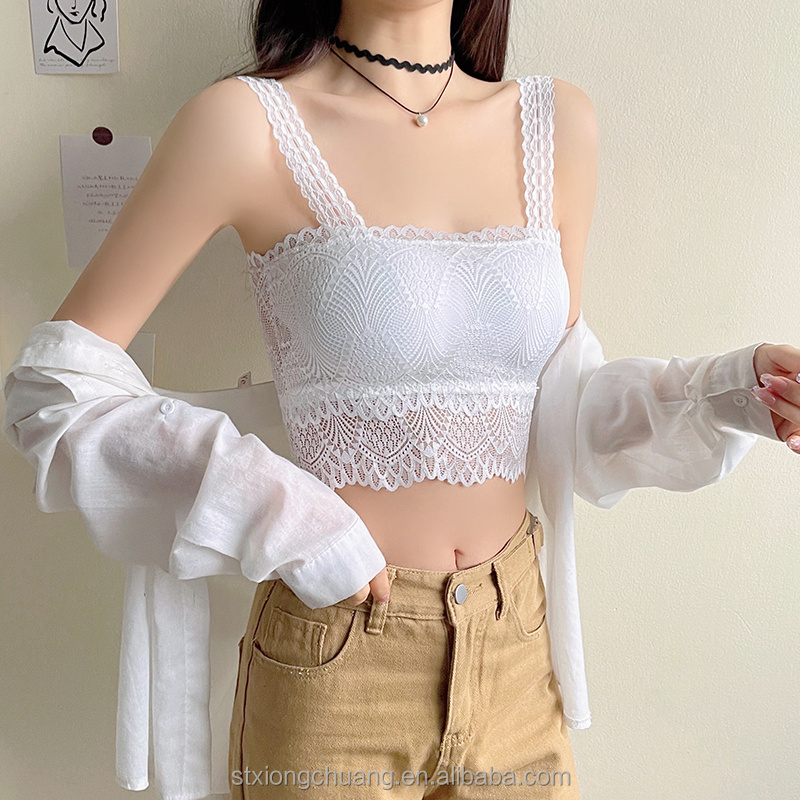 Latest fashion beautiful back made of lace fabric boob tube top padded camisole in Women's Tank Tops women crop top