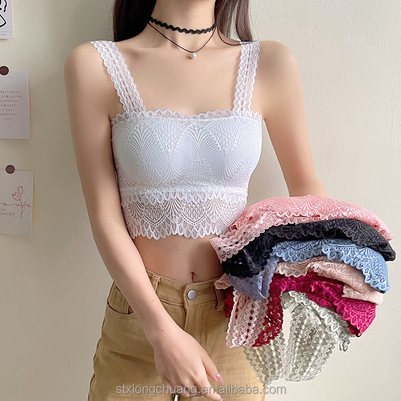 Latest fashion beautiful back made of lace fabric boob tube top padded camisole in Women's Tank Tops women crop top