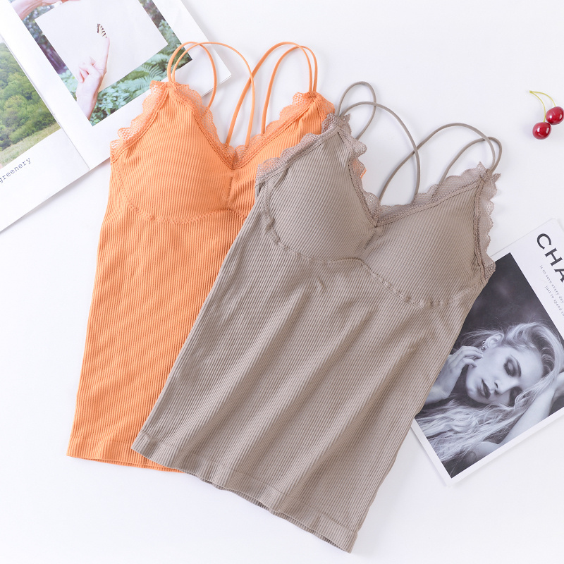 Free Size Seamless Nylon Spandex v-neck padded camisole with built in bra vest and tank top with pad