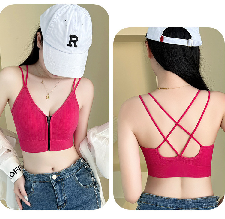 Wholesale Running Yoga Bralette Wireless sports Front zipper sling deep v no steel ring bra chest wrap seamless Tops tube bra