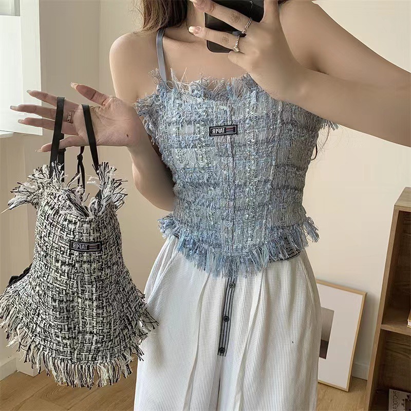 Y2K Summer fashion nightclub wear corset halter vest fringe pleated vest crop top body sexy woman