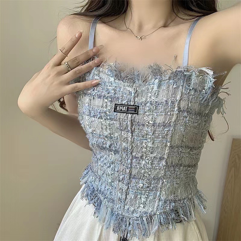 Y2K Summer fashion nightclub wear corset halter vest fringe pleated vest crop top body sexy woman