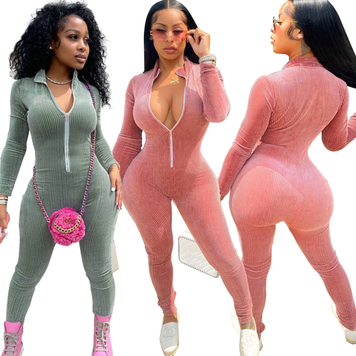 2023 Women Velour Jumpsuit V Neck Zip Bodysuit Knit One Piece Leggings Fitness Yoga Autumn Rompers