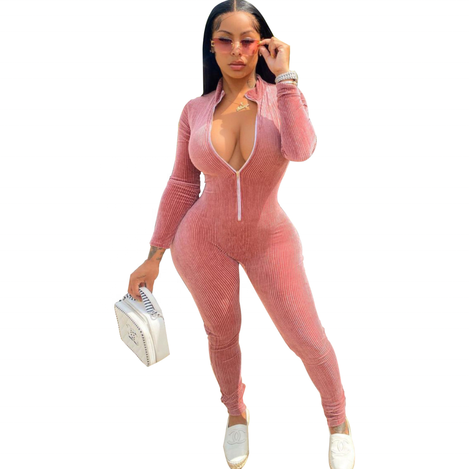 2023 Women Velour Jumpsuit V Neck Zip Bodysuit Knit One Piece Leggings Fitness Yoga Autumn Rompers