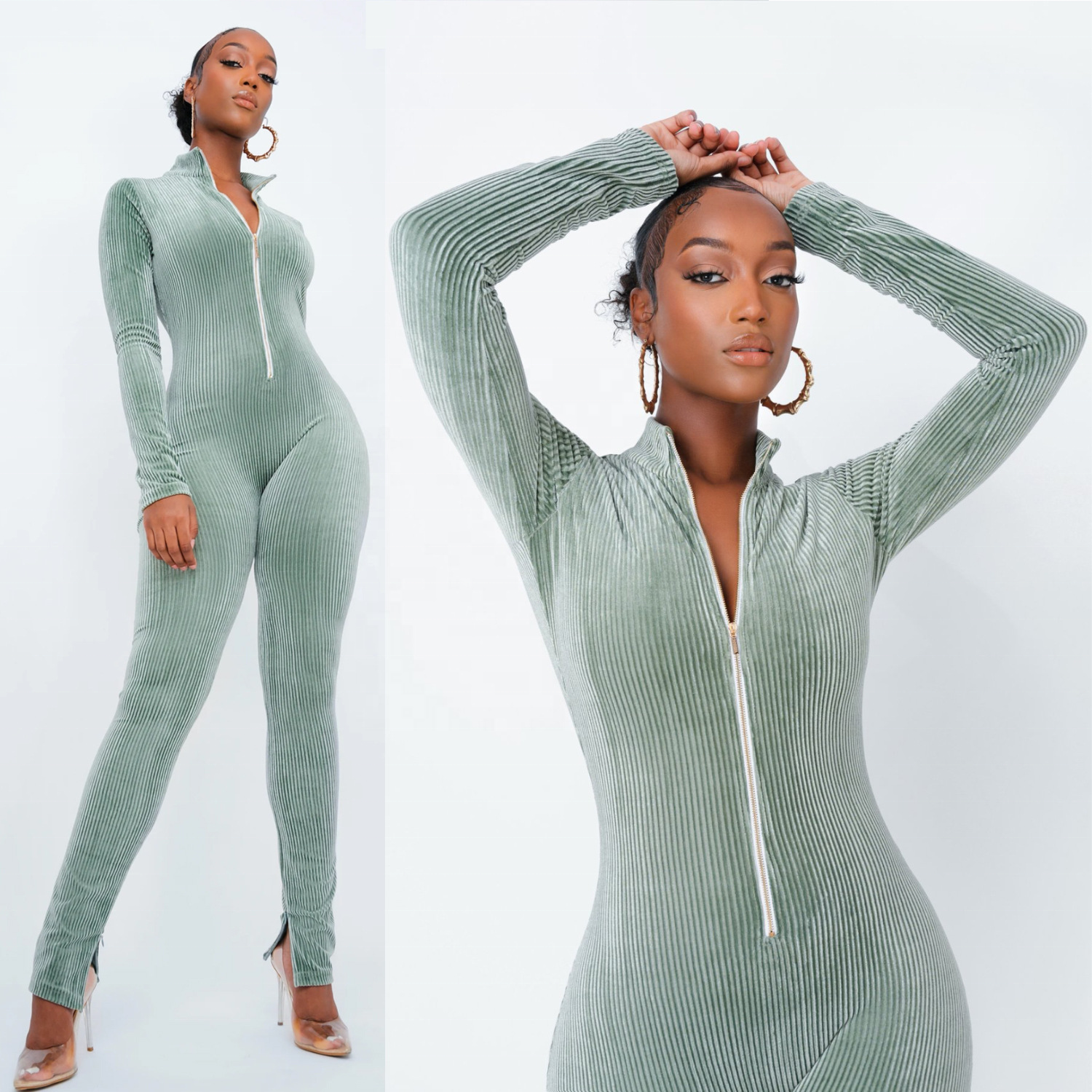 2023 Women Velour Jumpsuit V Neck Zip Bodysuit Knit One Piece Leggings Fitness Yoga Autumn Rompers