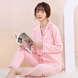 2023 Wholesale Custom women Pajamas set cotton Pijamas suit pink pyjamas set ladies loungewear Button Down sleepwear PJ