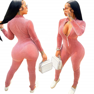 2023 Women Velour Jumpsuit V Neck Zip Bodysuit Knit One Piece Leggings Fitness Yoga Autumn Rompers