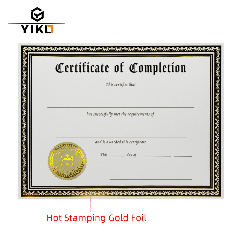 Yiko Customized Hologram Hot Stamping Certificate and Folder Diploma Holder Hot Stamping Surface Finish Security Certificate