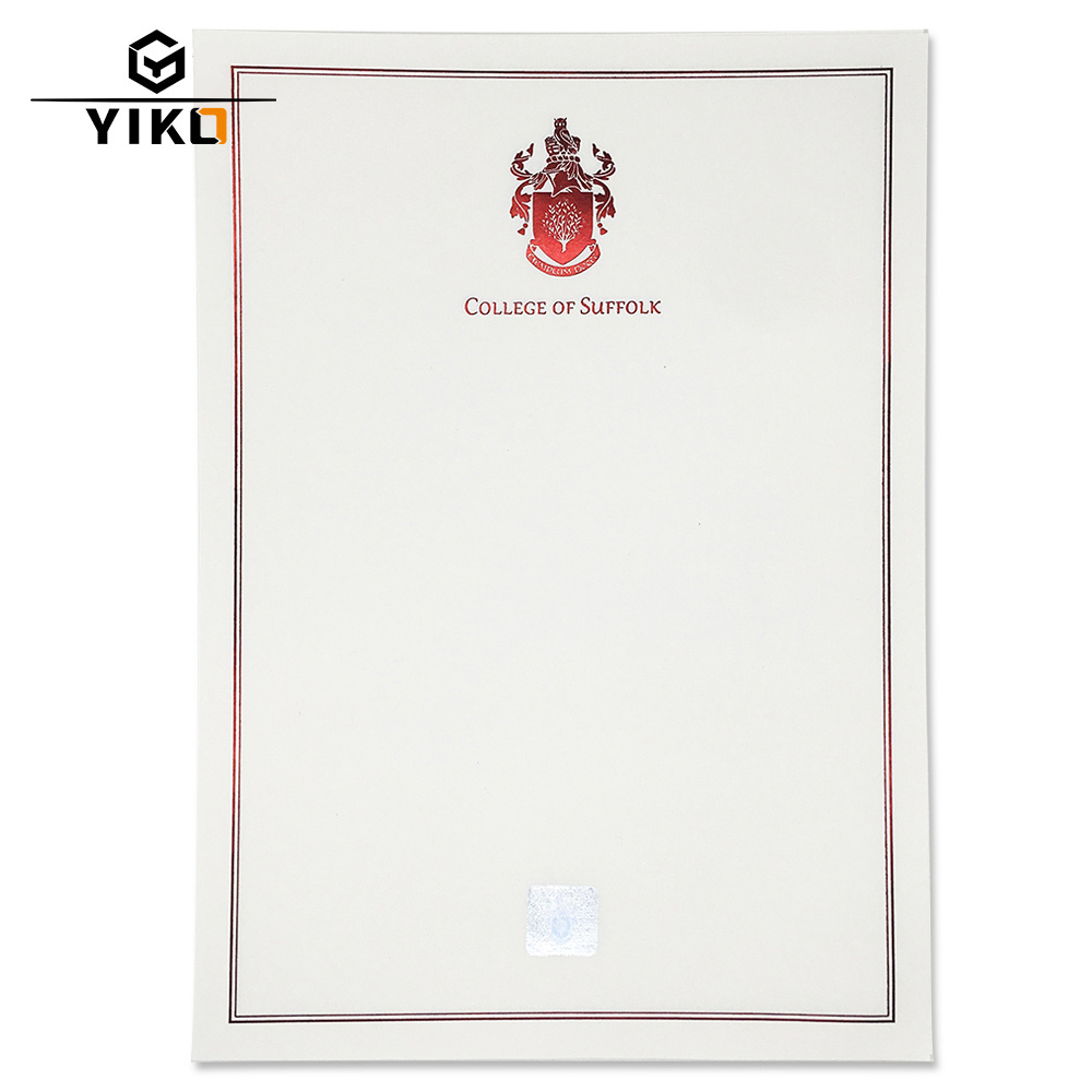 Custom A4 Security Certificate Paper Printing with Watermark and Red Hot Foil Stamp University College Degree Certificate Paper