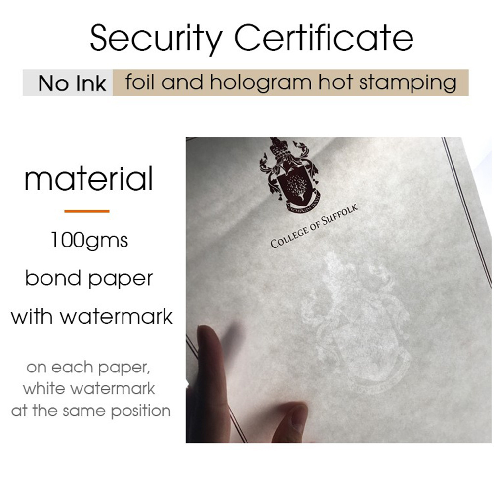 Custom A4 Security Certificate Paper Printing with Watermark and Red Hot Foil Stamp University College Degree Certificate Paper