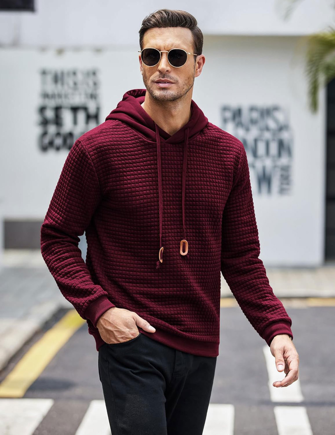 Mens Hooded Sweatshirt Casual Long Sleeve Drawstring Waffle Knit Pullover Hoodies.