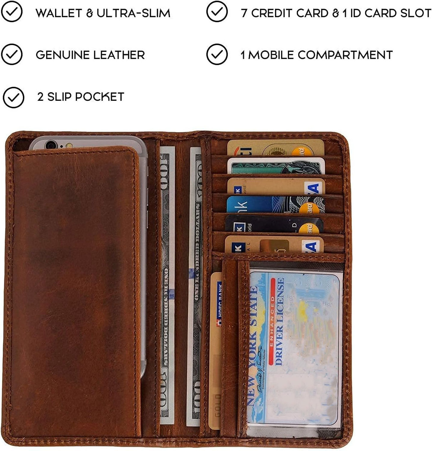 Long Wallet for Men Top Grain Leather checkbook Cover Western Rodeo Wallets for Men.