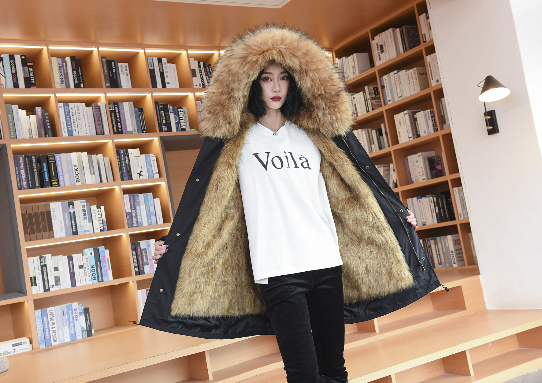 Fuzzy  Waterproof  Faux Raccoon Fur Hooded Parka  Coat Detachable Hood Faux Fur Trim Jacket For Women Winter Coat