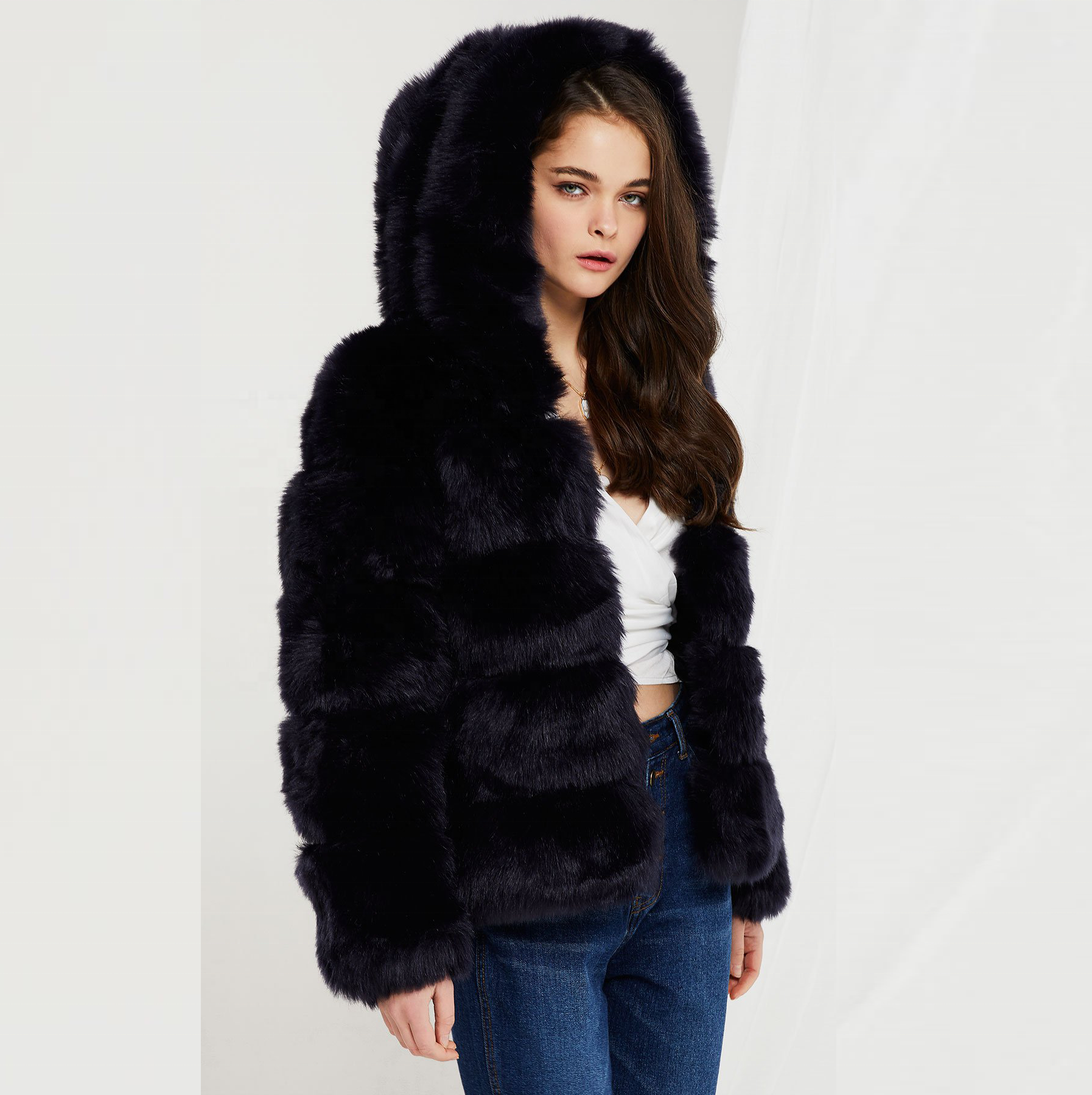 Factory Manufacture Women Hooded Fox Fur Coat  Chinchilla Fur Coat  Brown White Black Color In High Quality