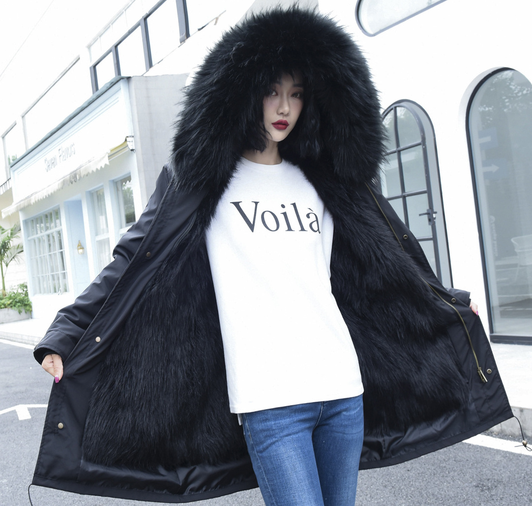 Fuzzy  Waterproof  Faux Raccoon Fur Hooded Parka  Coat Detachable Hood Faux Fur Trim Jacket For Women Winter Coat