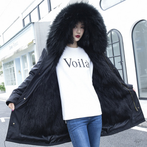 Fuzzy  Waterproof  Faux Raccoon Fur Hooded Parka  Coat Detachable Hood Faux Fur Trim Jacket For Women Winter Coat