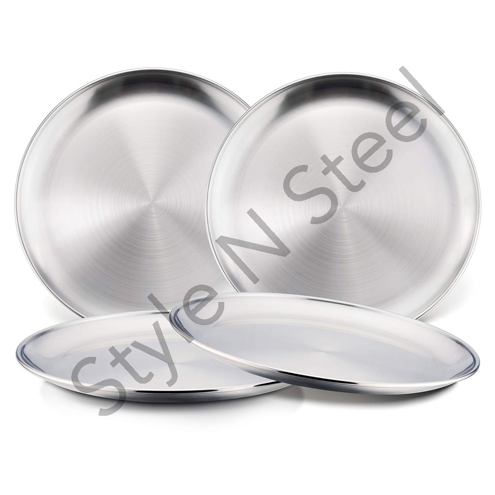 Dinner Plate BBQ Tray Pizza Snack Double Wall Snack Plate Stainless Steel Home School Dinnerware Gold Stainless Steel