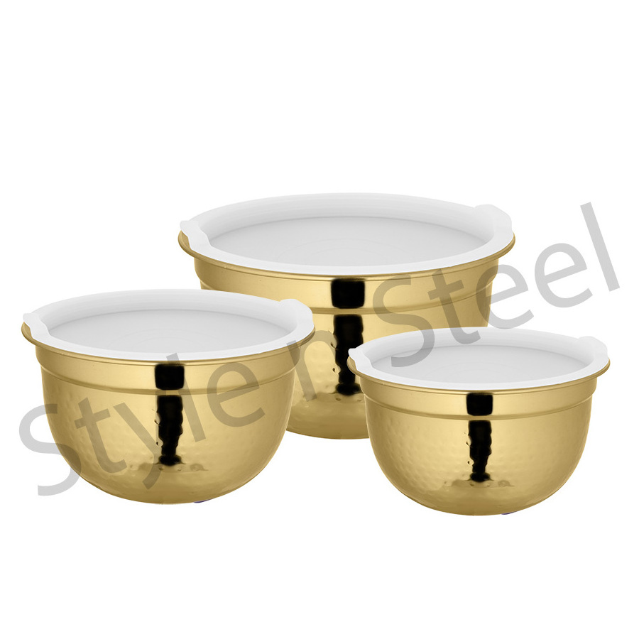 Stainless Steel Wholesale Large Capacity Kitchen Metal Salad Bowls German Bowl with Lid and Hammering and Copper