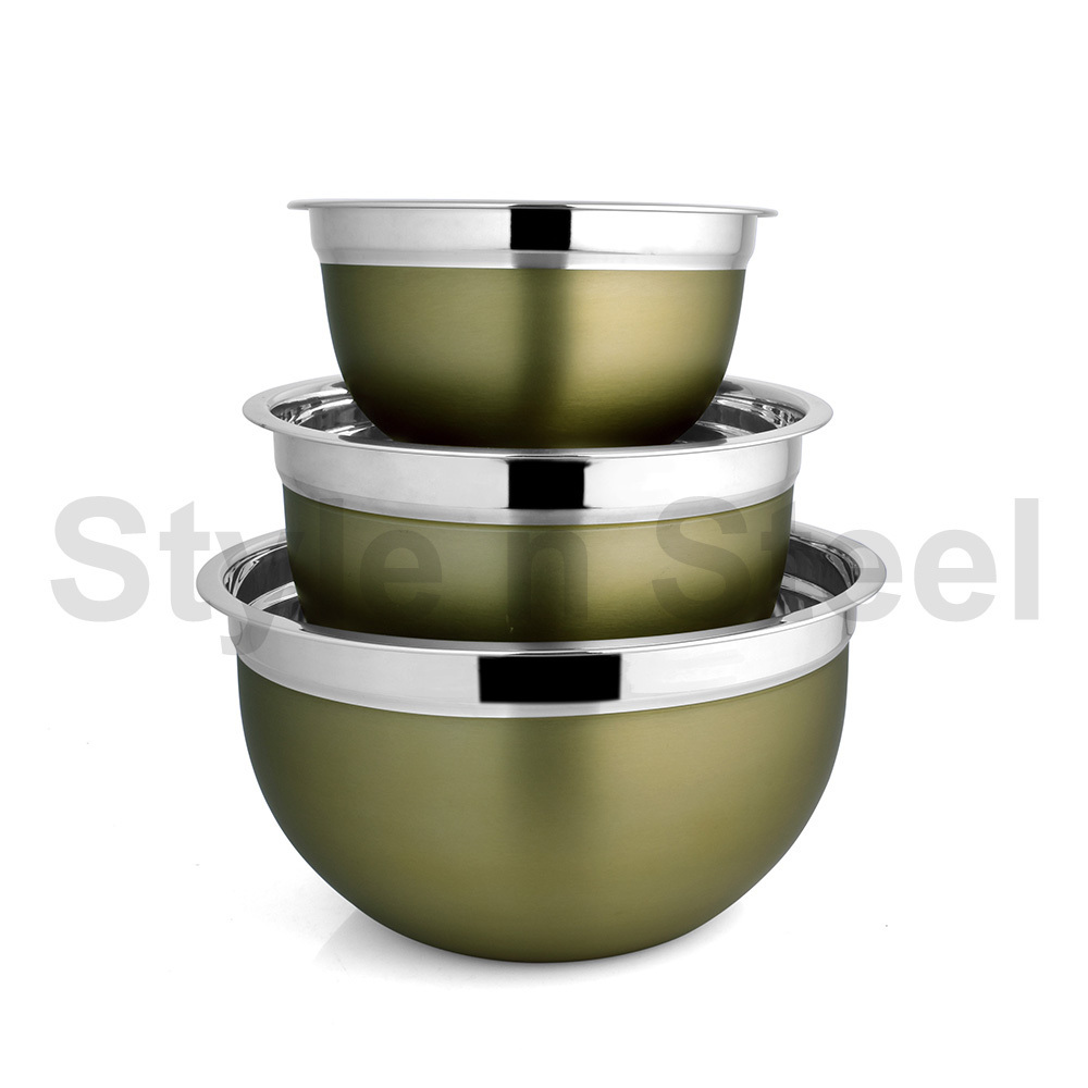 Mixing bowls food grade fruit salad bowl for home restaurant cook German Bowl Gold Set OF 3 Pcs  Stainless Steel