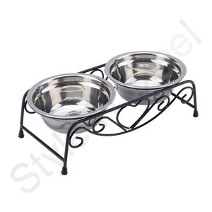 Wrought Iron Collapsible Double Diner Stand with 2 Bowls Stainless Steel Diner Stand Cat Dog Elevated Feeder Food Water Bowls