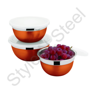 Hot Selling Color Stainless Steel Mixing Bowl Set Metal Custom Salad Bowl German Bowl 3 pc Set Orange Color Stainless Steel