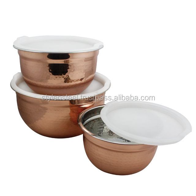 Stainless Steel Wholesale Large Capacity Kitchen Metal Salad Bowls German Bowl with Lid and Hammering and Copper