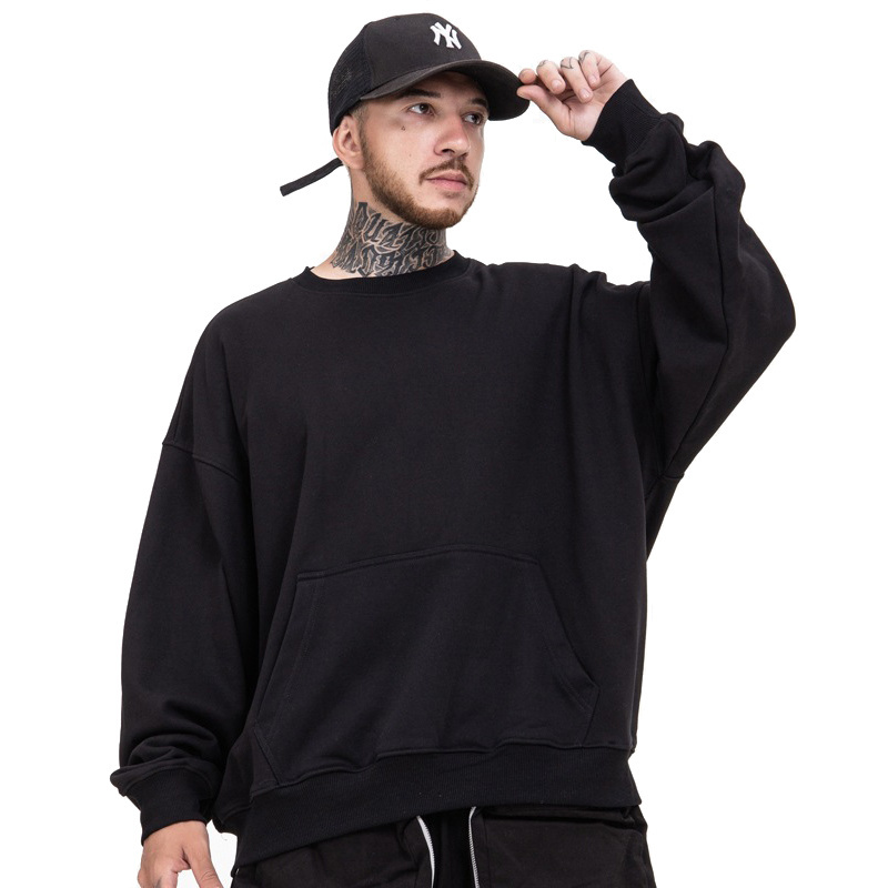 Spring Autumn Tops Men's Black Thick French Terry Custom Logo 100 Cotton Plain Sweatshirts Wholesale in Bulk