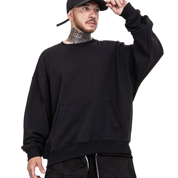 Spring Autumn Tops Men's Black Thick French Terry Custom Logo 100 Cotton Plain Sweatshirts Wholesale in Bulk