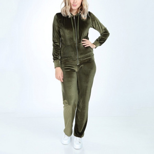 Custom diamond rhinestone Logo casual velvet jogging suit 2 piece set juicy couture green velour tracksuit for women