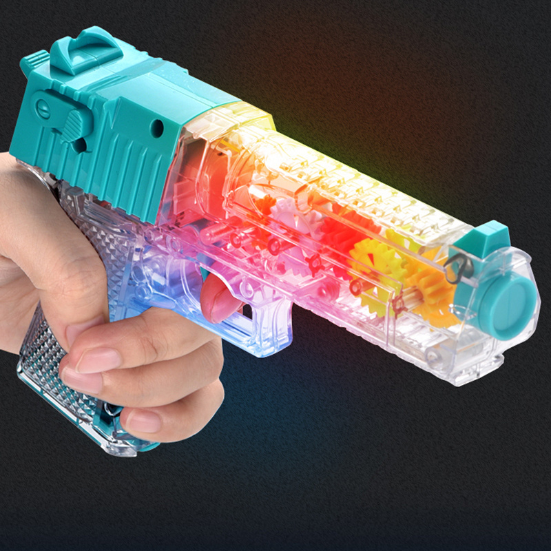 Electric Gear Rotating Musical Gun Toy Transparent Music Pistol Toy Vibration Flashing Light Gun