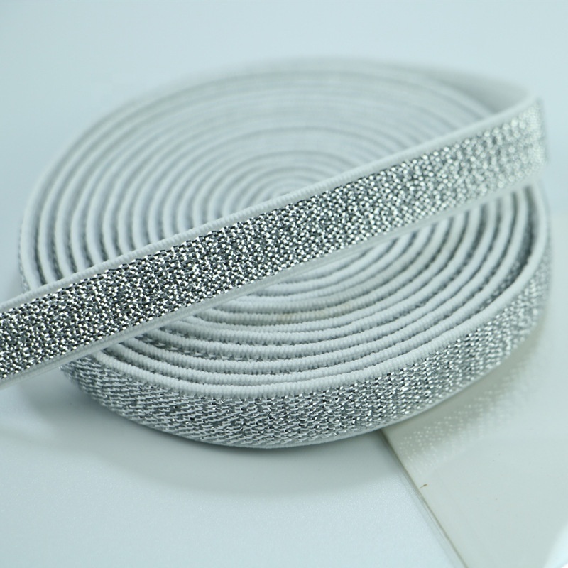 Manufacturer custom high Tenacity extended glittering silver gold metallic stripe elastic webbing band for garments