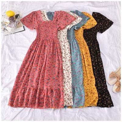 stock Latest Korean Design Floral Print Elastic Vintage Square Neck Short  Sleeve Long Dress Women Summer Dresses Clothing | BestSuppliers.com