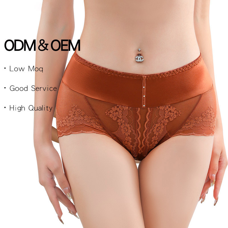 Wholesale high quality women lace breathable cotton crotch transparent womens underwear smooth satin mid waist ladies panties