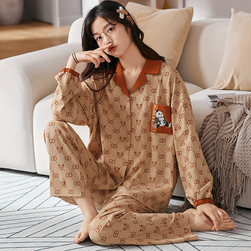 Autumn winter cardigan lapel women knitted cotton lovers pajamas suit long sleeve Korean style cartoon cute men's sleepwear